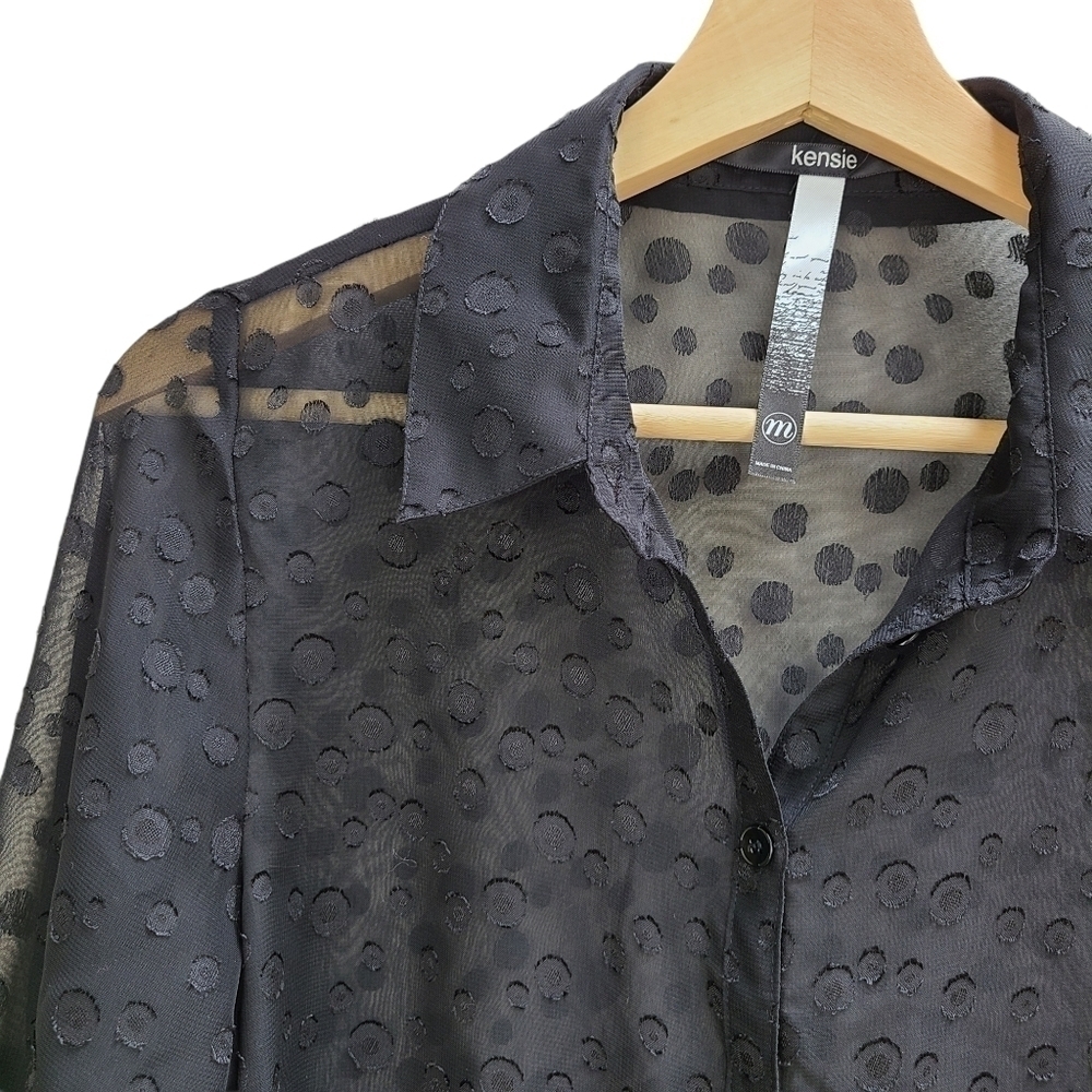 Kensie Sheer Black Button-down Blouse with Polkadots, Size Medium - Picture 3 of 6